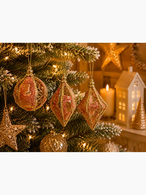 Lot de 3 boules de noël en métal rouge perles et velours - Kiabi