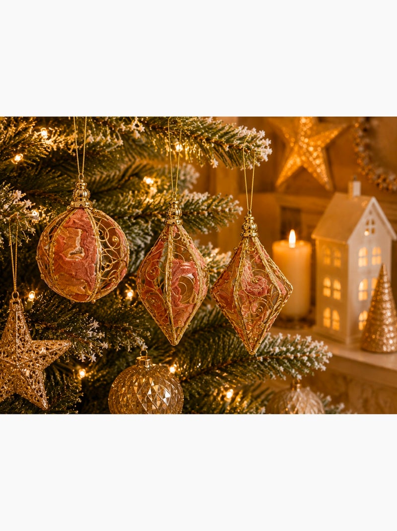 Lot de 3 boules de noël en métal rouge perles et velours Rouge - Kiabi