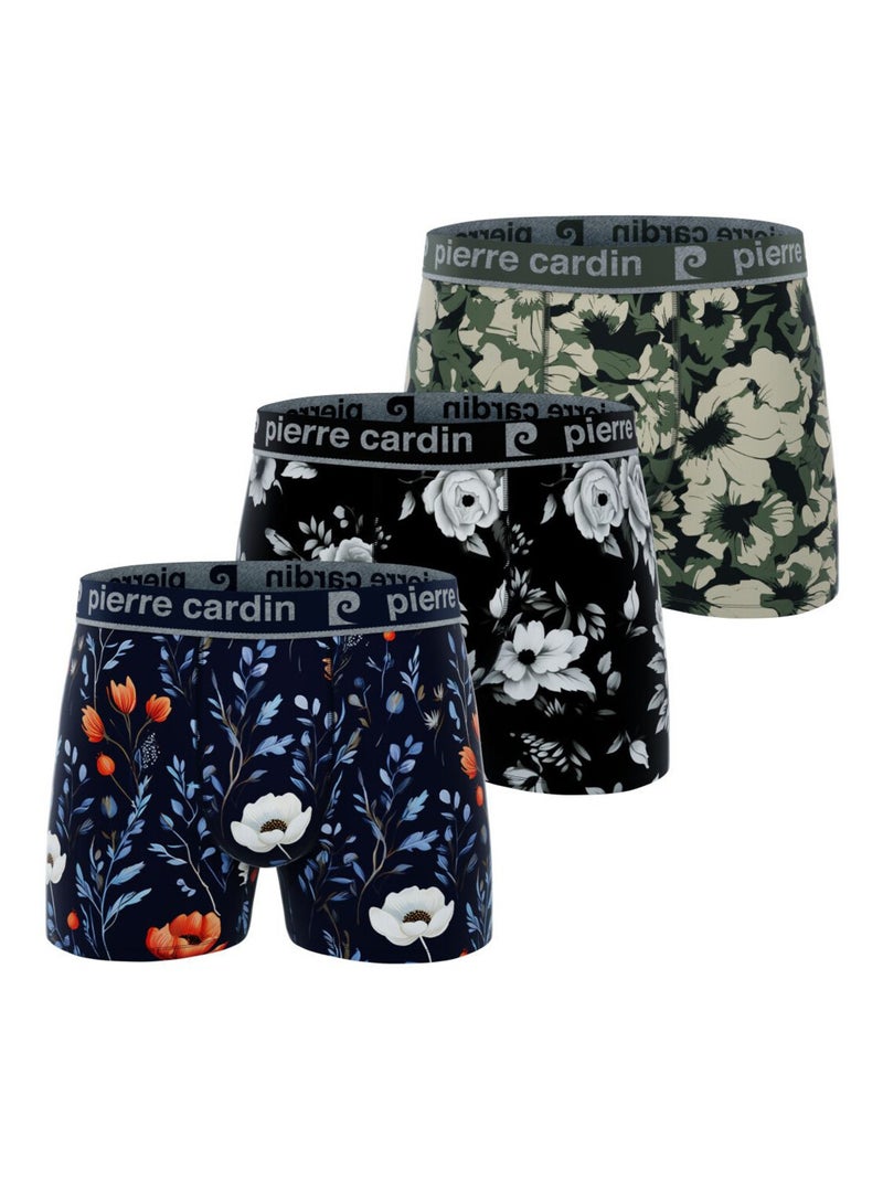 Lot de 3 boxers homme Flowers Pierre Cardin Bleu Noir Blanc - Kiabi