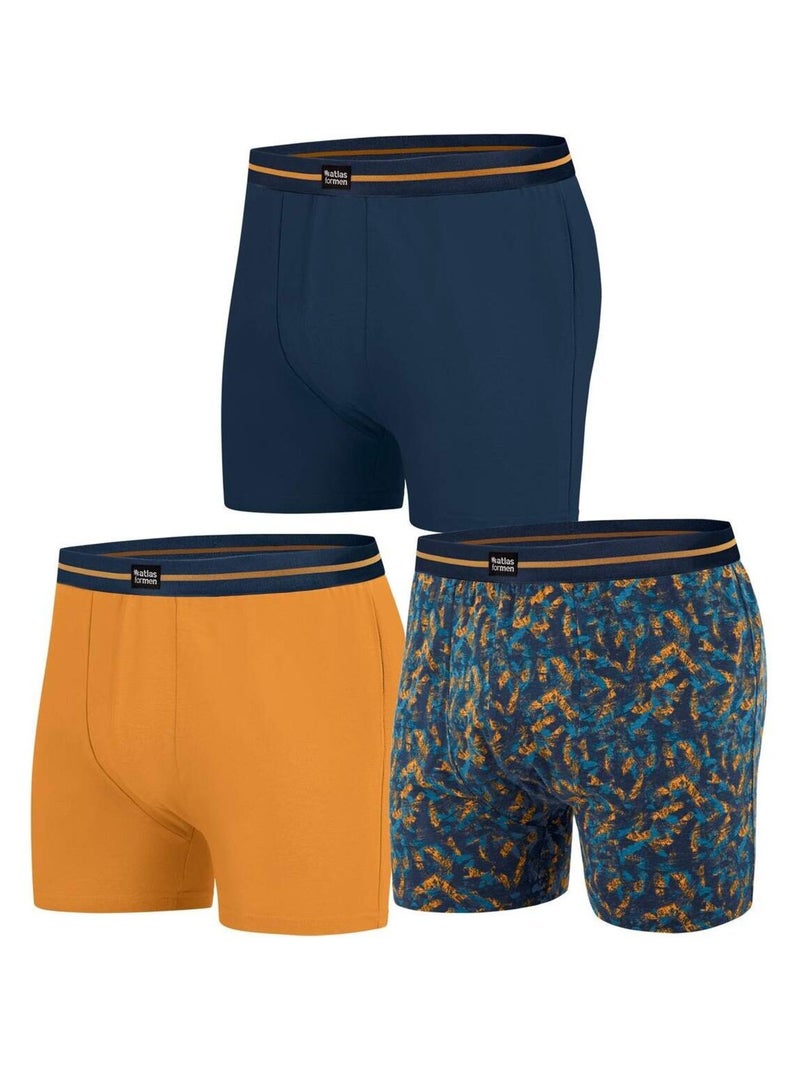 Lot de 3 Boxers Stretch Confort  - ATLAS FOR MEN Bleu Jaune - Kiabi