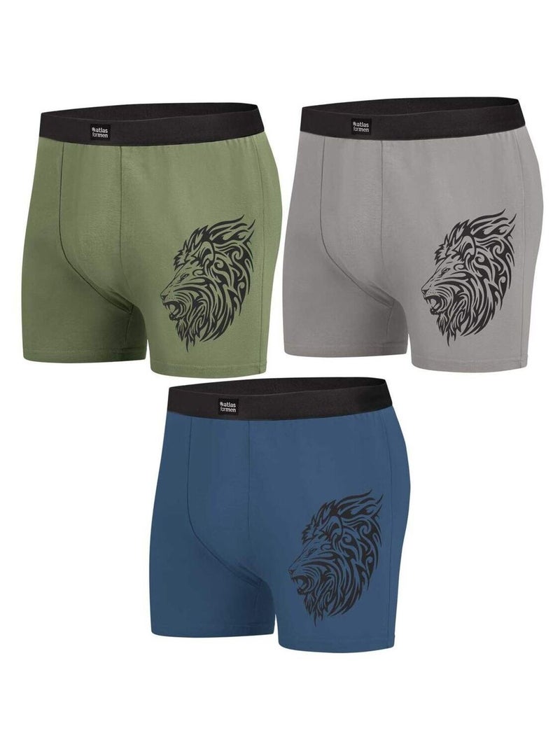 Lot de 3 Boxers Stretch Confort  - ATLAS FOR MEN Bleu Vert Gris - Kiabi