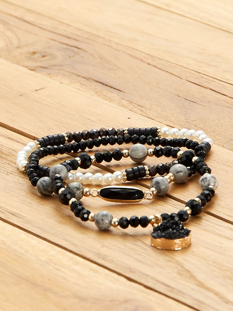 Lot de 3 bracelets à perles noir - Kiabi