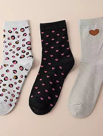 Lot de 3 Chaussettes Hautes Coeur Léopard & Lurex