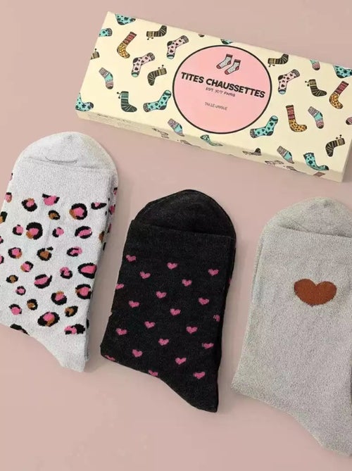 Lot de 3 Chaussettes Hautes Coeur Léopard & Lurex - Kiabi