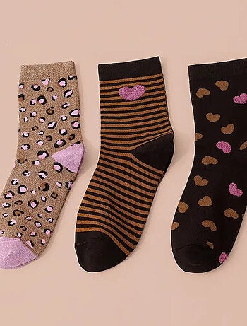 Lot de 3 Chaussettes Hautes Coeur Léopard & Rayures