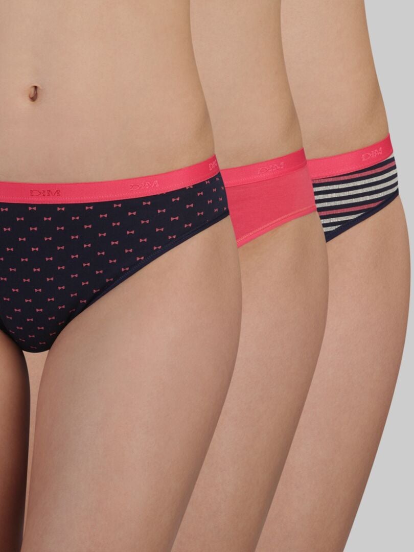 Lot de 3 culottes Les Pockets de 'DIM' marine/rose/rayures/noeuds - Kiabi