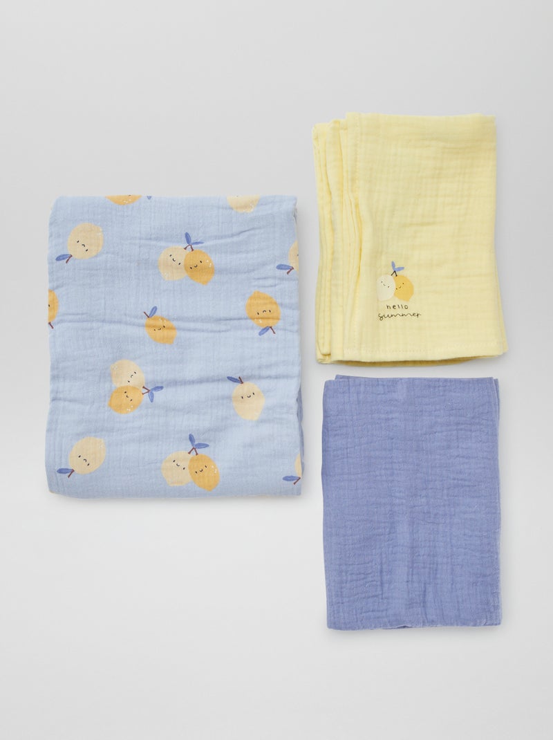 Lot de 3 langes - 2 de 60 x 60 et 1 de 100 x 120 cm Bleu - Kiabi