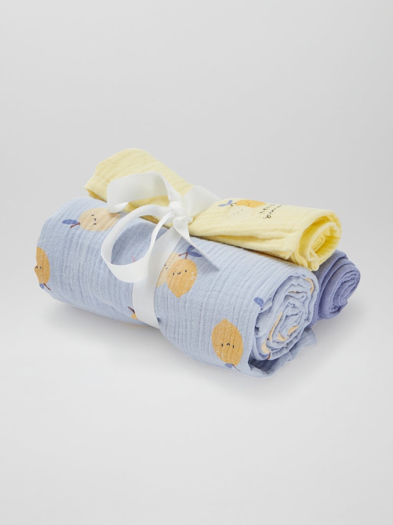 Lot de 3 langes - 2 de 60 x 60 et 1 de 100 x 120 cm Bleu - Kiabi