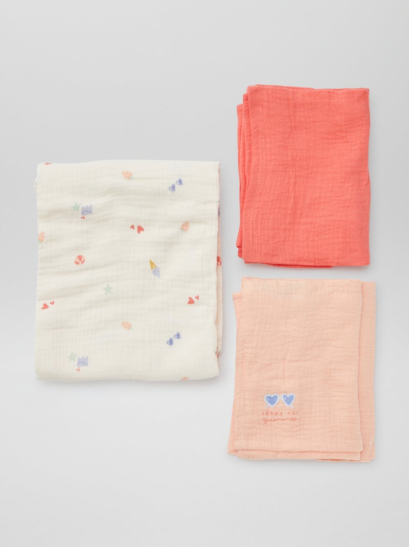 Lot de 3 langes - 2 de 60 x 60 et 1 de 100 x 120 cm Rose - Kiabi