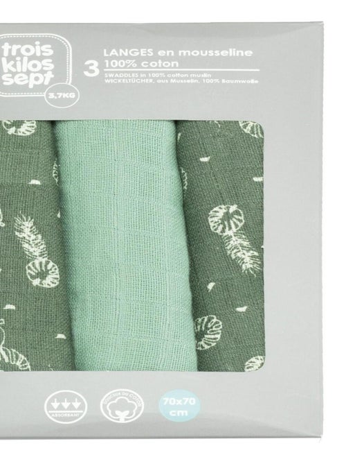 Lot de 3 langes bébé  motif feuilles - Kiabi