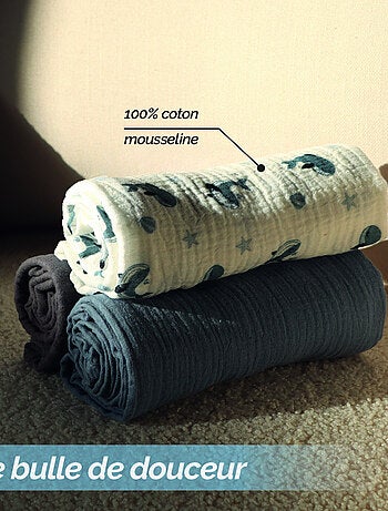 Lot de 3 langes bébé, serviettes absorbantes et respirantes - Koala - Monsieur Bébé