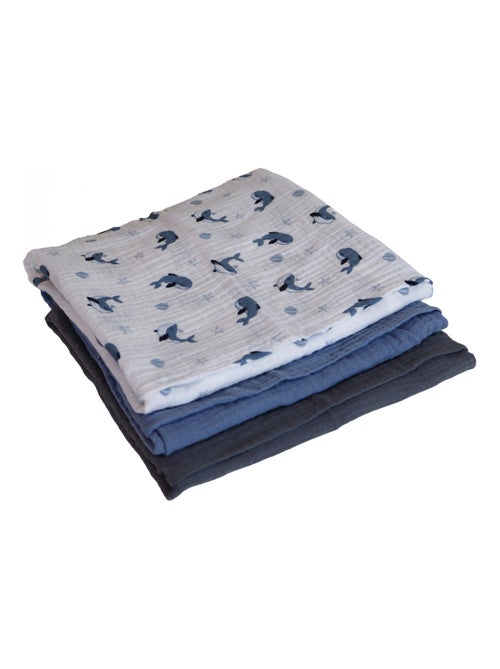 Lot de 3 langes bébé, serviettes absorbantes et respirantes - Baleine - Monsieur Bébé - Kiabi