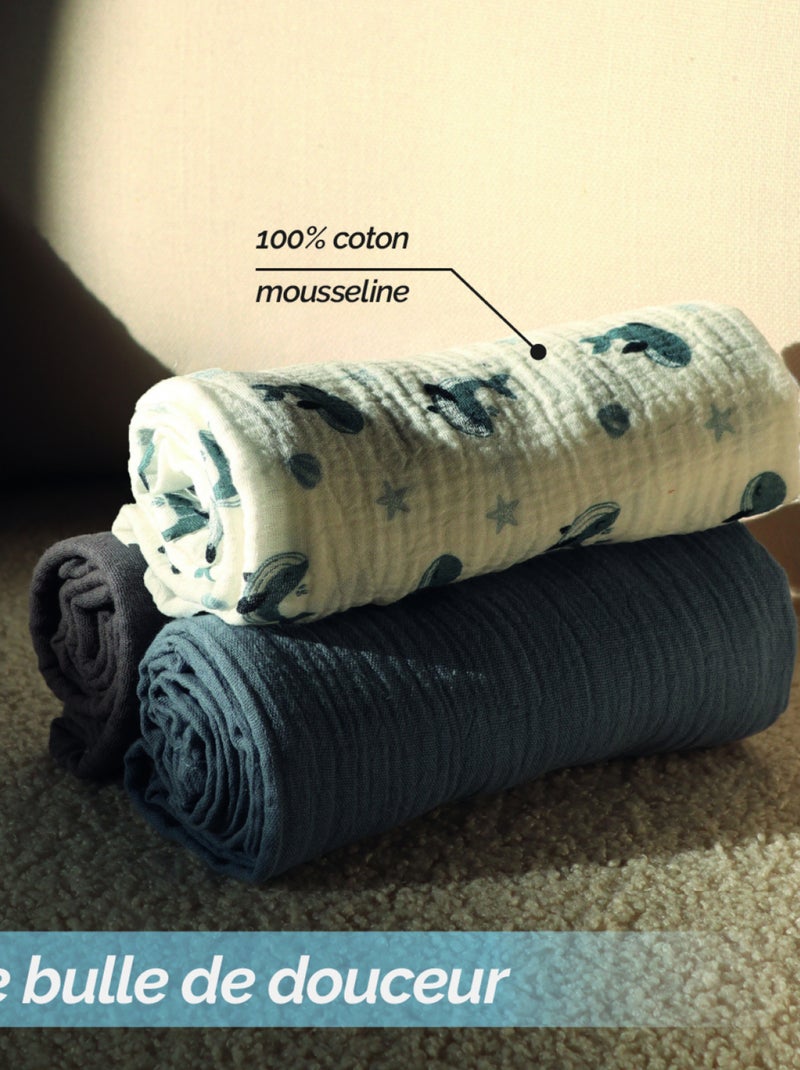 Lot de 3 langes bébé, serviettes absorbantes et respirantes - Baleine - Monsieur Bébé Bleu - Kiabi