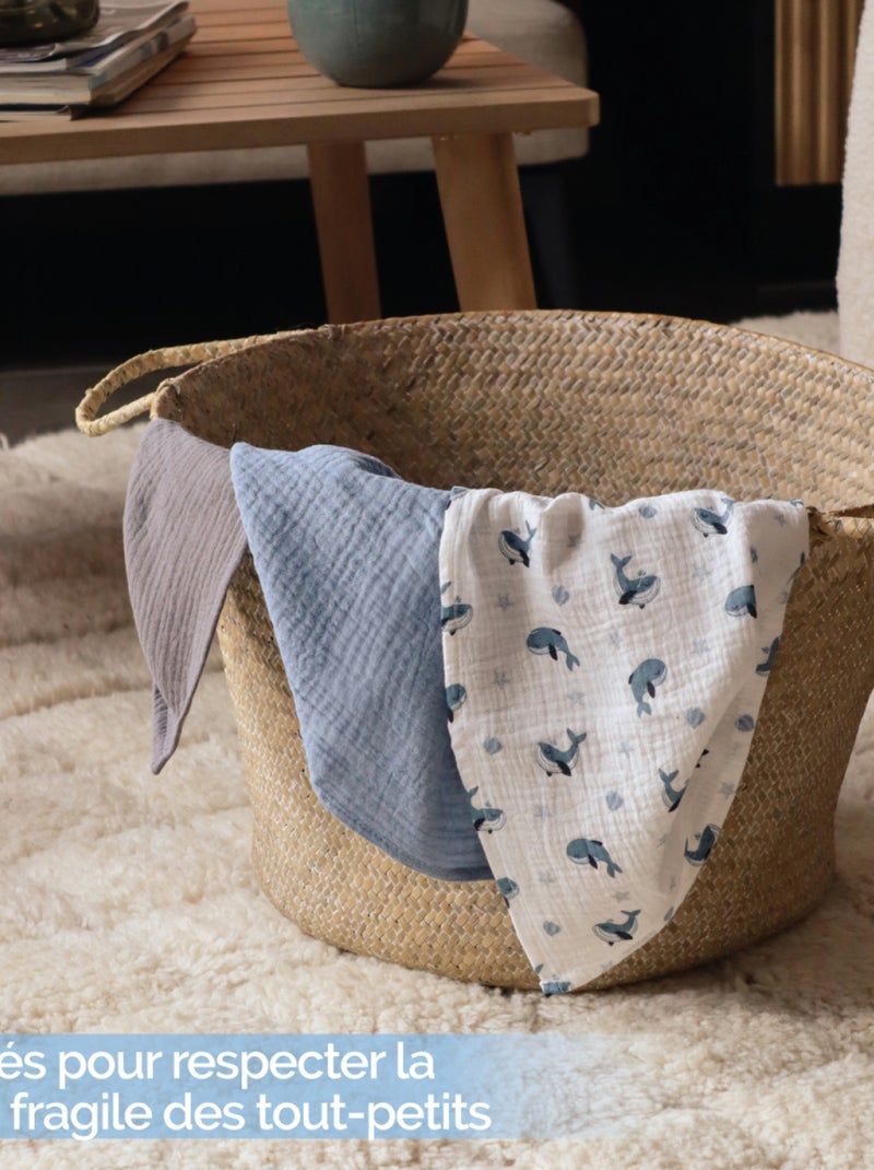 Lot de 3 langes bébé, serviettes absorbantes et respirantes - Baleine - Monsieur Bébé Bleu - Kiabi