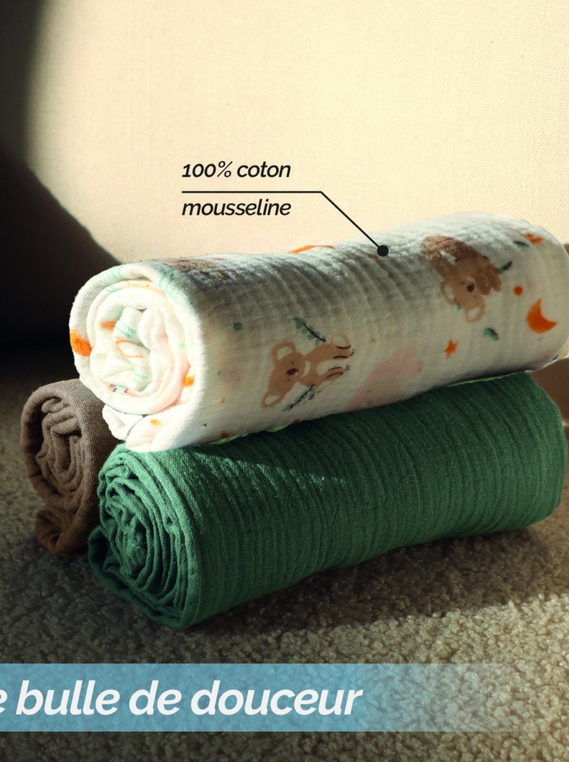 Lot de 3 langes bébé, serviettes absorbantes et respirantes - Koala - Monsieur Bébé Multicolore - Kiabi