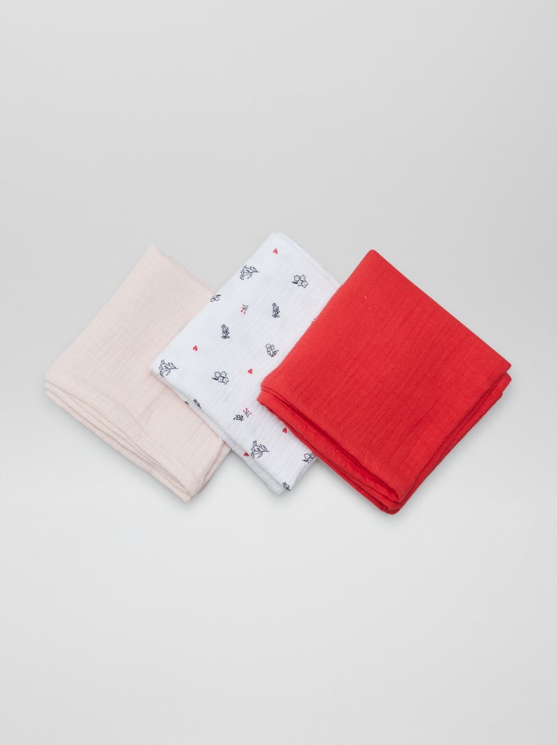 Lot de 3 langes en gaze de coton Blanc/rouge/rose - Kiabi