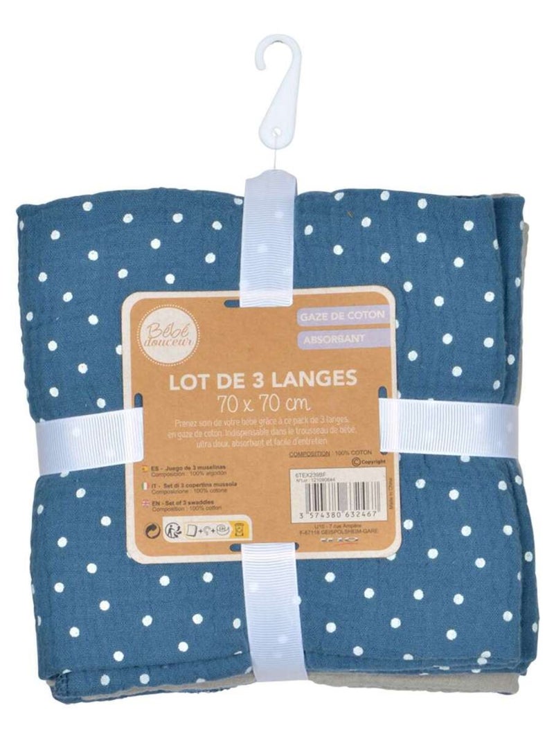 Lot de 3 langes en gaze de coton Bleu - Kiabi