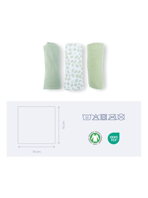 Lot de 3 langes en gaze de coton Lovely Mini Leaves Green 'Doomoo' - Kiabi
