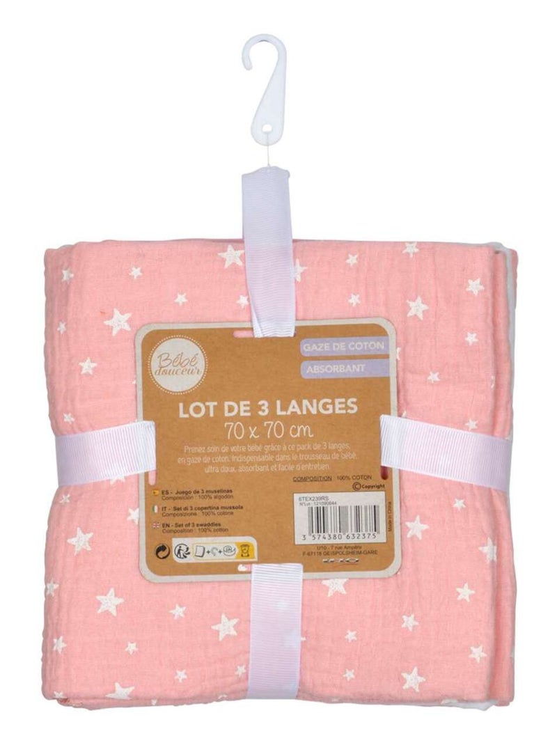 Lot de 3 langes en gaze de coton Rose - Kiabi