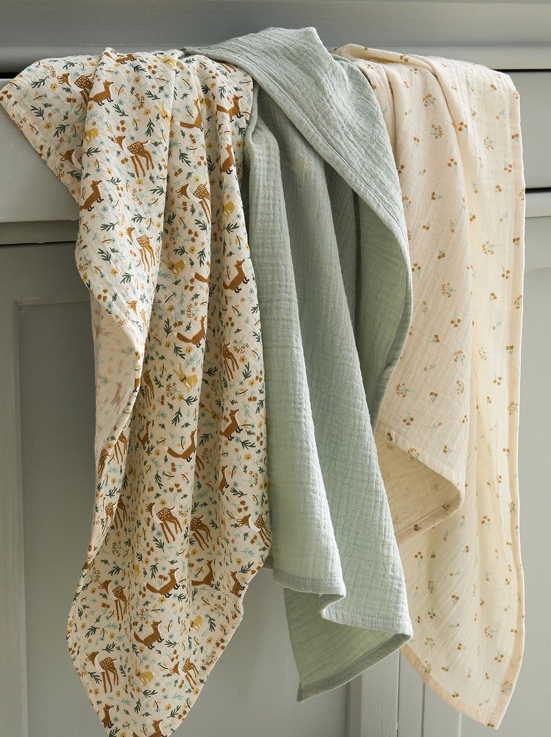 Lot de 3 langes en gaze de coton Vert d'eau - Kiabi