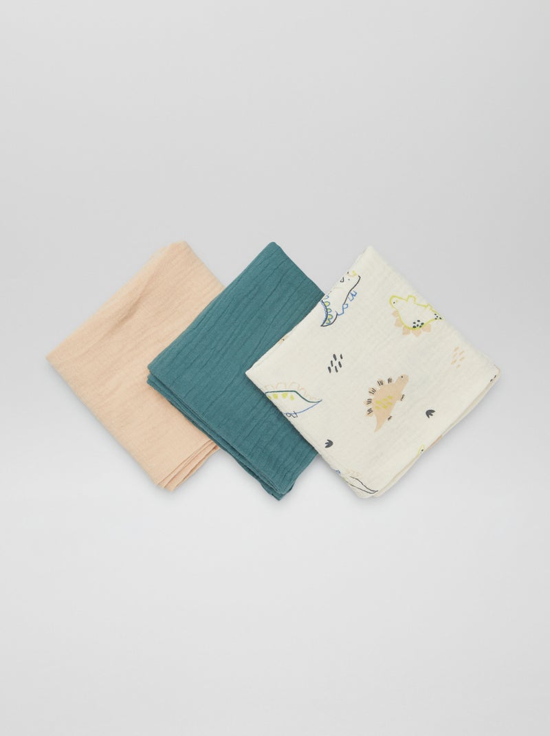 Lot de 3 langes en gaze de coton Vert/beige - Kiabi