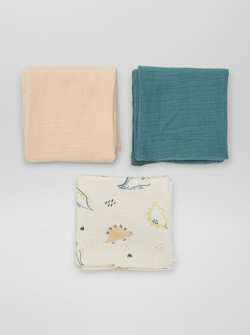 Lot de 3 langes en gaze de coton Vert/beige - Kiabi