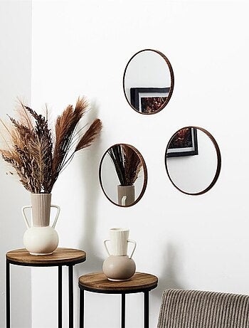Lot de 3 miroirs diam 26cm effet bois