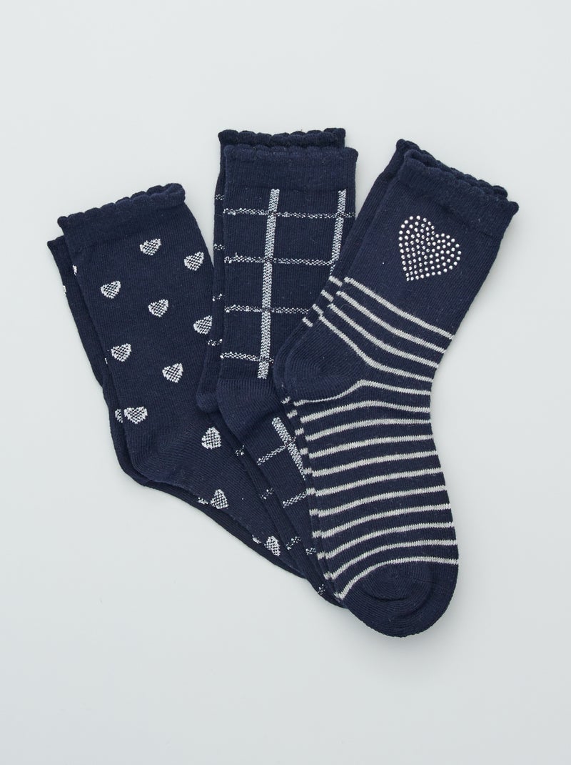 Lot de 3 paires de chaussettes à bords fantaisie Bleu marine 'cœur' - Kiabi