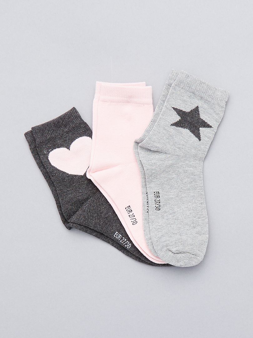 Lot de 3 paires de chaussettes coeur et étoile rose/gris - Kiabi