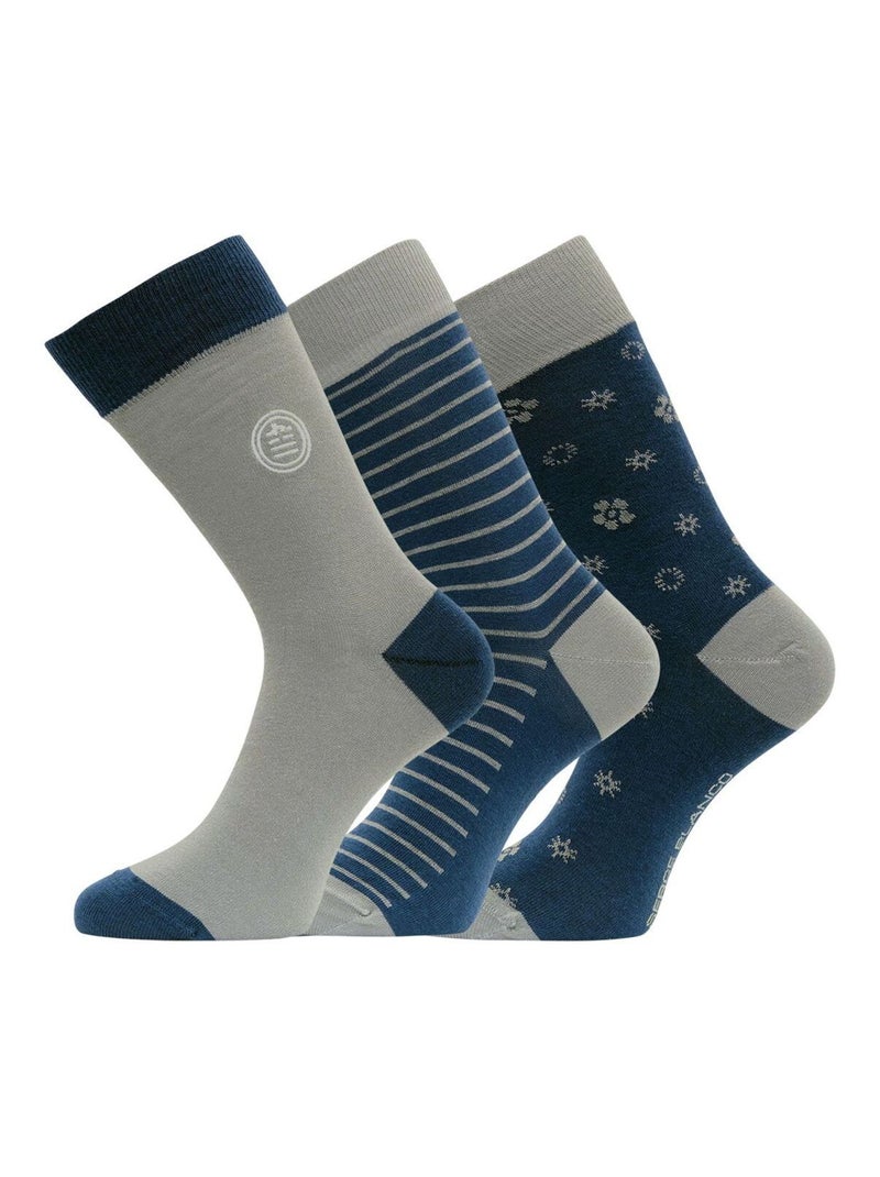 Lot de 3 paires de chaussettes de ville fantaisies en coton peigné Serge Blanco Bleu Gris Blanc - Kiabi