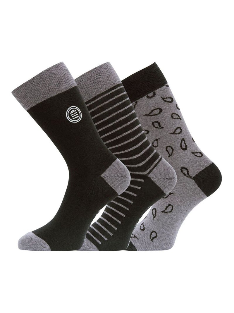 Lot de 3 paires de chaussettes de ville fantaisies en coton peigné Serge Blanco Noir Gris Blanc - Kiabi