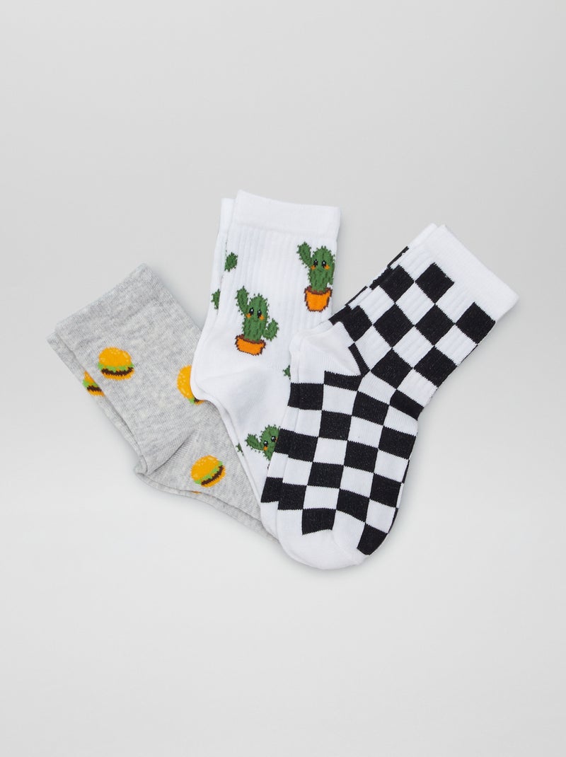 Lot de 3 paires de chaussettes fantaisies Blanc/gris - Kiabi