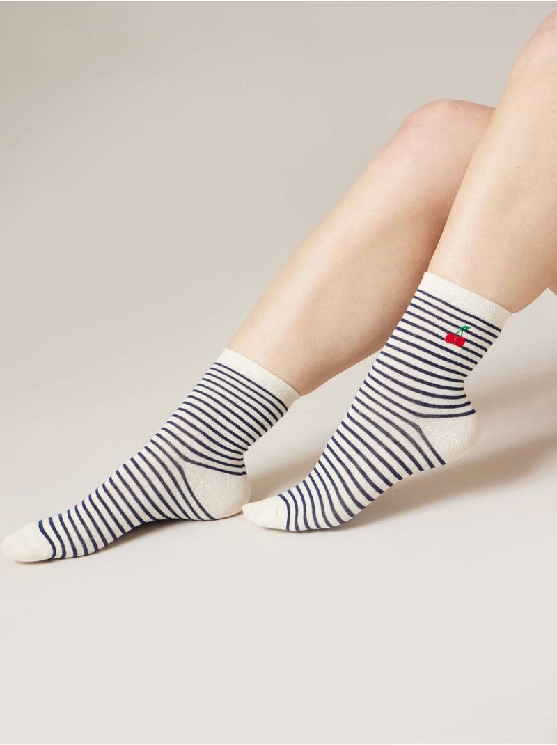 Lot de 3 paires de chaussettes femme en coton motif cerise 'Deeluxe' Bleu marine - Kiabi