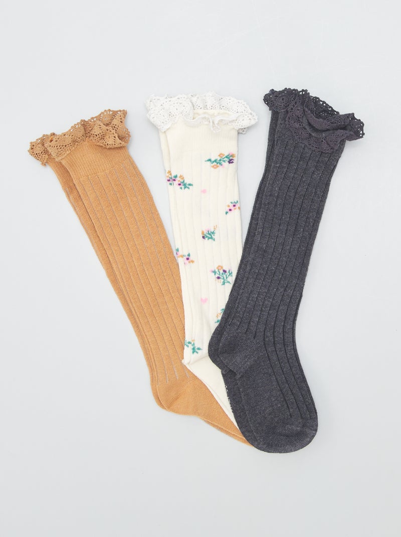 Lot de 3 paires de chaussettes hautes côtelées Beige/anthracite/camel - Kiabi