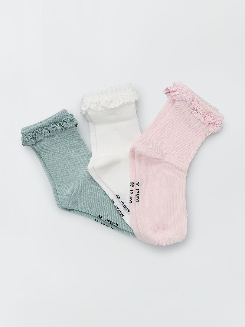 Lot de 3 paires de chaussettes rose/blanc/vert - Kiabi