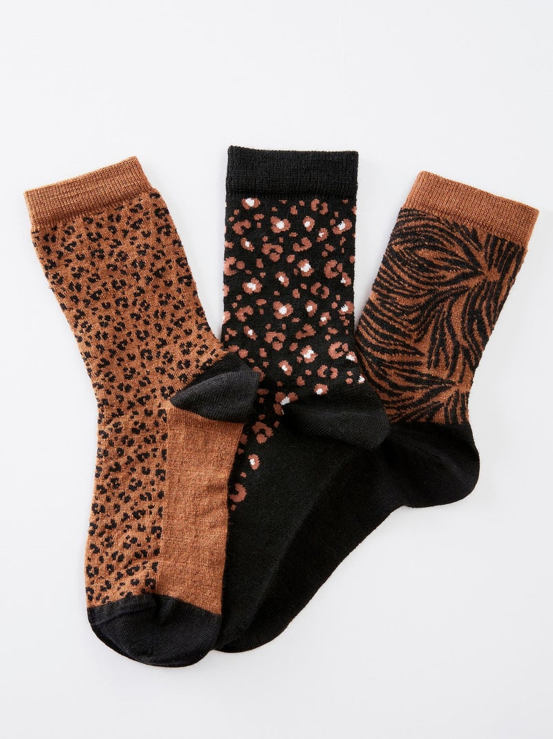 Lot de 3 paires de mi-chaussettes maille jacquard laine et Thermolactyl - Damart Marron havane - Kiabi