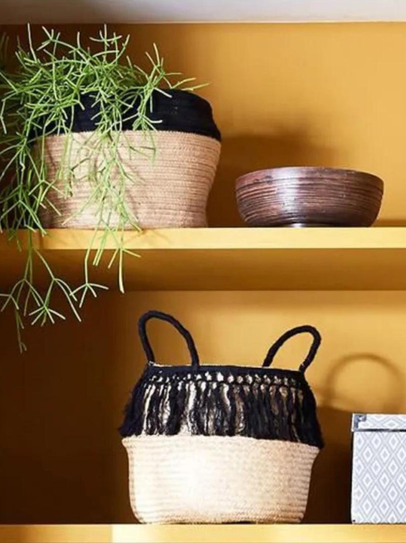 Lot de 3 paniers cloches naturels à pompons - Jonc de mer - Naturel / noir - 35x35x30-40cm Noir - Kiabi