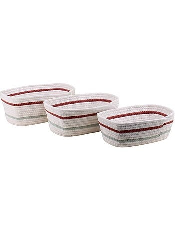 Lot de 3 paniers rectangulaires en corde blanc détail rouge