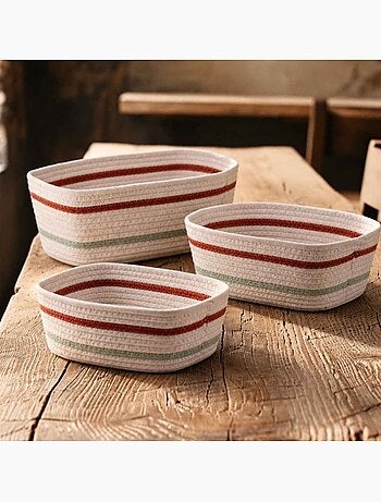 Lot de 3 paniers rectangulaires en corde blanc détail rouge