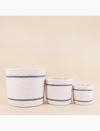 Lot de 3 paniers ronds en corde blanc détail gris