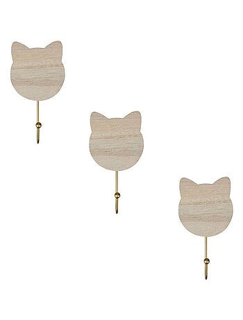 Lot de 3 patères bois chat naturel