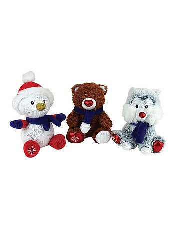 Lot de 3 Peluches de Noël Chien, Ours, et Bonhomme de neige- 20 cm