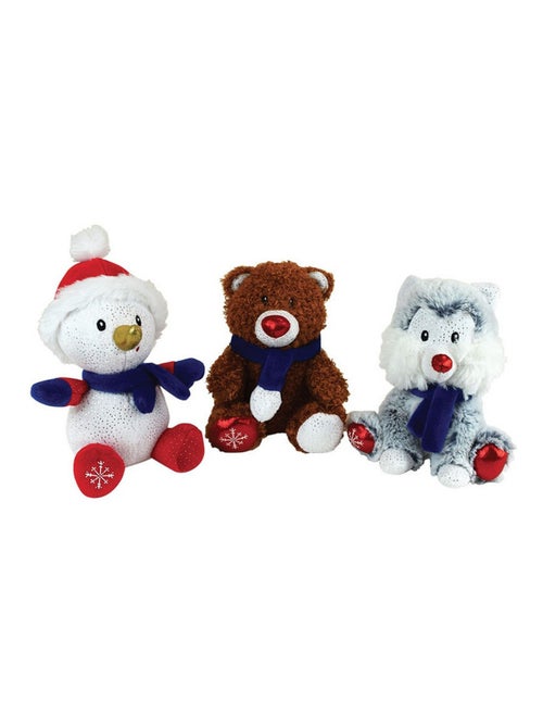 Lot de 3 Peluches de Noël Chien, Ours, et Bonhomme de neige- 20 cm - Kiabi