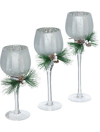 Lot de 3 photophore verre à pied H30 cm argent SIMIR