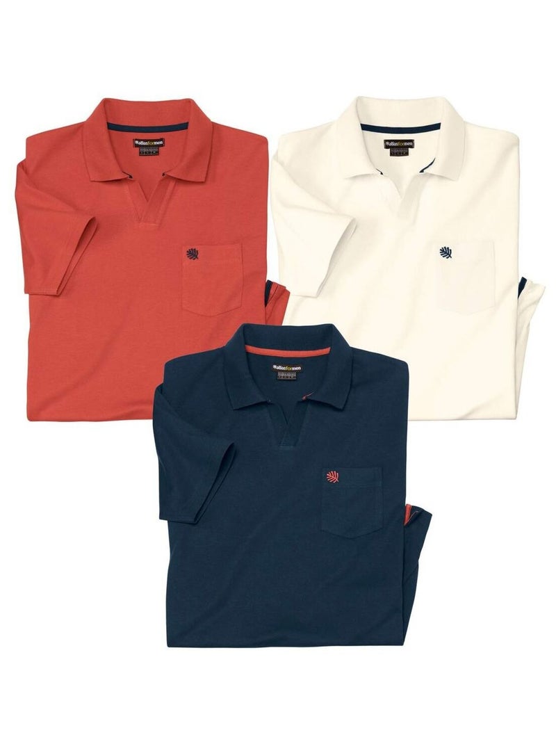 Lot de 3 Polos Coton Sans Boutons   - ATLAS FOR MEN Blanc Blanc Bleu - Kiabi