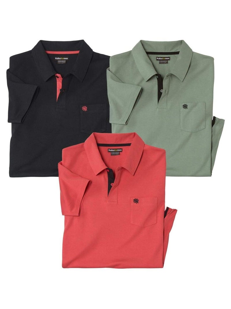 Lot de 3 Polos Coton Unis   - ATLAS FOR MEN Noir / Vert / Rouge - Kiabi