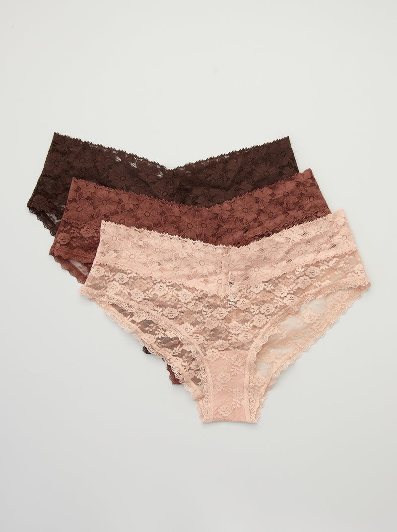 Lot de 3 shorties dentelle rose/marron clair/marron - Kiabi
