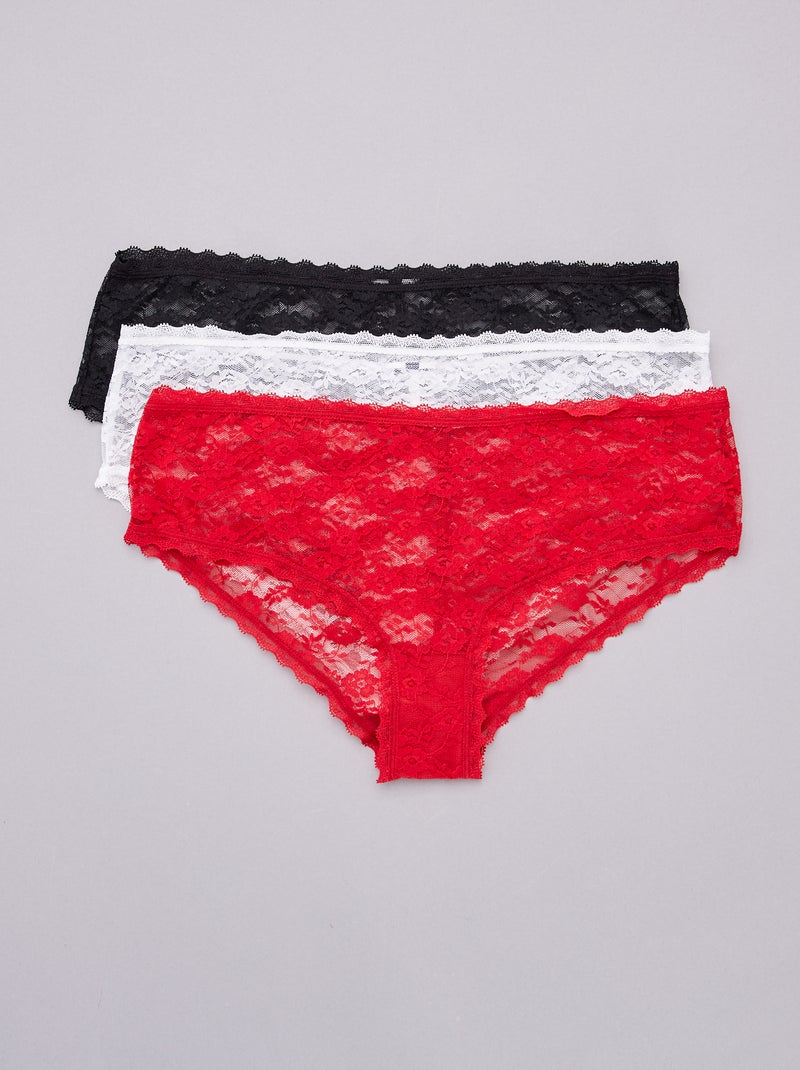 Lot de 3 shorties en dentelle rouge/écru/noir - Kiabi