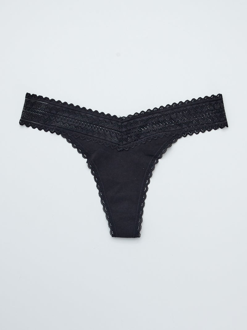 Lot de 3 strings coton et dentelle noir - Kiabi