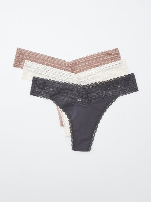 Lot de 3 strings coton et dentelle - Kiabi
